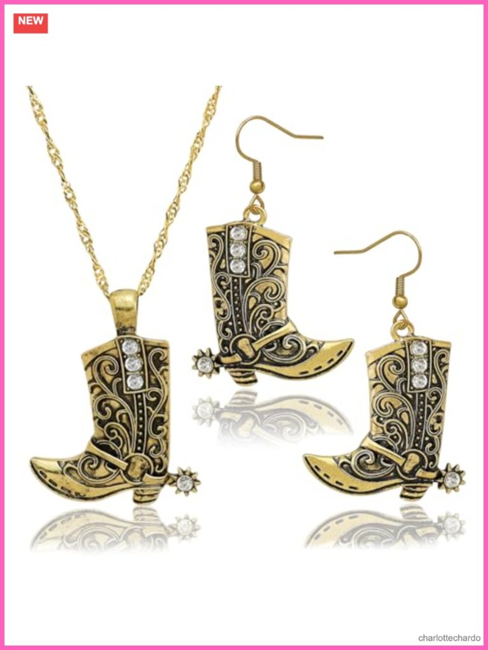 Western Cowboy Boots Earrings Necklace Set Crystal Twist Chain